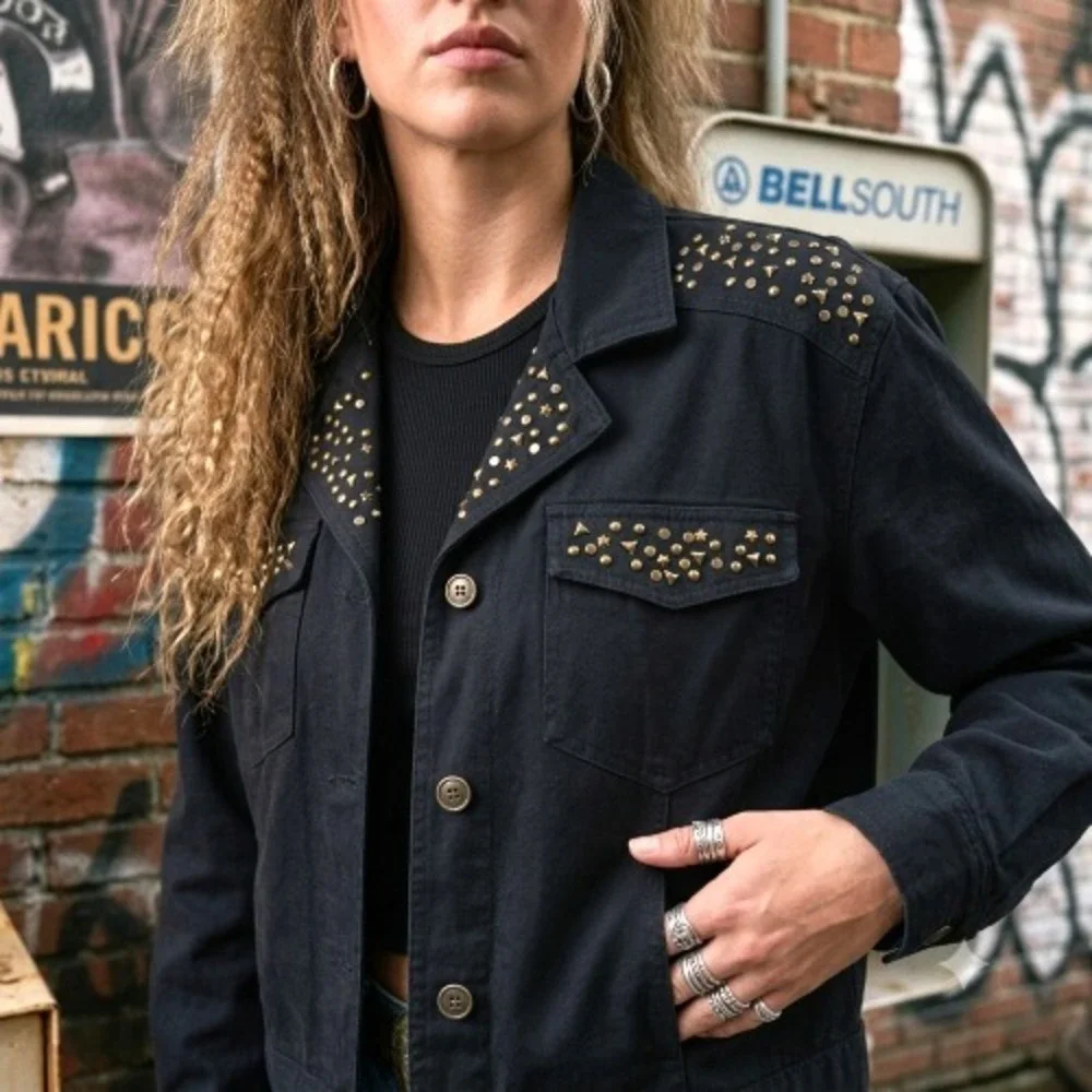 Saint Germain Women's XL Black Cotton Studded Jacket Shoulder Pads Made in USA